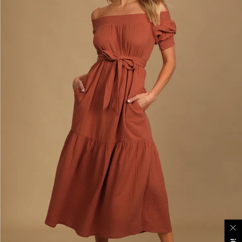 Lulus Ready for Sunshine Rust Orange Off-the-Shoulder Maxi Dress Medium